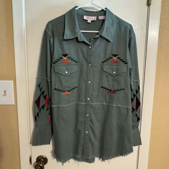 Panhandle Tops - Panhandle Western Shirt Womens M Olive Green Embroidered Aztec Snap Front